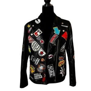 Hot &Delicious Black Leather Patchwork Moto Jacket with Colorful Patches